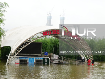 The Hankou Riverbank Park of the Yangtze River is flooding in Wuhan, China, on June 29, 2024. Heavy rain is continuing in Wuhan. (