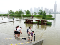 The Hankou Riverbank Park of the Yangtze River is flooding in Wuhan, China, on June 29, 2024. Heavy rain is continuing in Wuhan. (