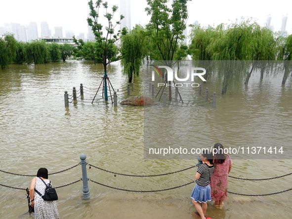 The Hankou Riverbank Park of the Yangtze River is flooding in Wuhan, China, on June 29, 2024. Heavy rain is continuing in Wuhan. 