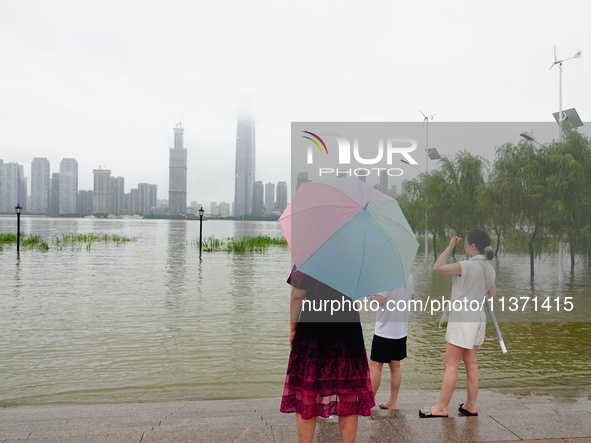 The Hankou Riverbank Park of the Yangtze River is flooding in Wuhan, China, on June 29, 2024. Heavy rain is continuing in Wuhan. 