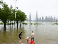 The Hankou Riverbank Park of the Yangtze River is flooding in Wuhan, China, on June 29, 2024. Heavy rain is continuing in Wuhan. (