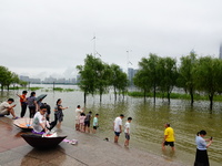 The Hankou Riverbank Park of the Yangtze River is flooding in Wuhan, China, on June 29, 2024. Heavy rain is continuing in Wuhan. (