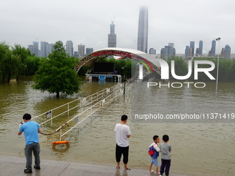 The Hankou Riverbank Park of the Yangtze River is flooding in Wuhan, China, on June 29, 2024. Heavy rain is continuing in Wuhan. (