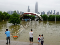 The Hankou Riverbank Park of the Yangtze River is flooding in Wuhan, China, on June 29, 2024. Heavy rain is continuing in Wuhan. (