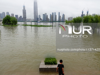 The Hankou Riverbank Park of the Yangtze River is flooding in Wuhan, China, on June 29, 2024. Heavy rain is continuing in Wuhan. (