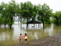 The Hankou Riverbank Park of the Yangtze River is flooding in Wuhan, China, on June 29, 2024. Heavy rain is continuing in Wuhan. (