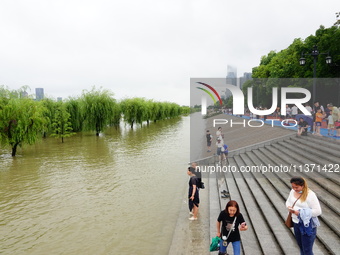 The Hankou Riverbank Park of the Yangtze River is flooding in Wuhan, China, on June 29, 2024. Heavy rain is continuing in Wuhan. (