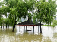 The Hankou Riverbank Park of the Yangtze River is flooding in Wuhan, China, on June 29, 2024. Heavy rain is continuing in Wuhan. (