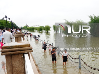 The Hankou Riverbank Park of the Yangtze River is flooding in Wuhan, China, on June 29, 2024. Heavy rain is continuing in Wuhan. (