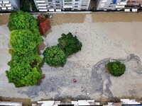 Aerial photo is showing houses and fields along the Wuyang River's Cenggong and Zhenyuan Yangping sections being flooded in Qiandongnan Pref...