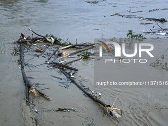 Aerial photo is showing houses and fields along the Wuyang River's Cenggong and Zhenyuan Yangping sections being flooded in Qiandongnan Pref...