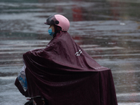 A woman is riding a motor scooter in stormy weather in Shanghai, China, on June 30, 2024. (