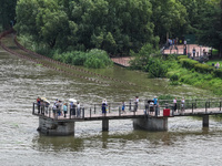 A flooded walkway is being seen after the Yangtze River is exceeding its warning level in Nanjing, Jiangsu province, China, on June 30, 2024...