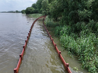 A flooded walkway is being seen after the Yangtze River is exceeding its warning level in Nanjing, Jiangsu province, China, on June 30, 2024...