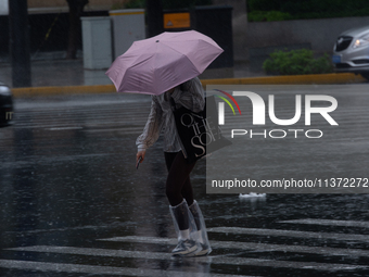 A woman is walking with an umbrella in stormy weather in Shanghai, China, on June 30, 2024. (