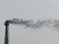 Smoke is emitting from a chimney of a factory in an industrial area on the outskirts of Kolkata, India, on June 30, 2024. (