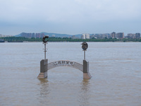 The water level of the Yangtze River is rising above the warning line in Nanjing, China, on June 30, 2024. (