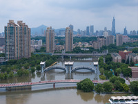 The water level of the Yangtze River is rising above the warning line in Nanjing, China, on June 30, 2024. (