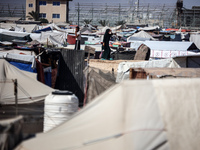 Palestinians are walking along an alley between tents sheltering displaced Palestinians in Rafah in the southern Gaza Strip on June 30, 2024...