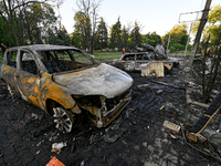 Cars are being destroyed by the Russian missile attack in central Vilniansk, Zaporizhzhia region, southern Ukraine, on June 29, 2024. Russia...