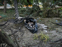 The body of a victim is lying on the ground in a body bag during a response effort to the Russian missile attack in central Vilniansk, Zapor...