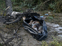 The body of a victim is lying on the ground in a body bag during a response effort to the Russian missile attack in central Vilniansk, Zapor...