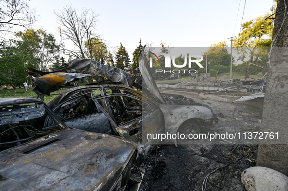 Cars are being destroyed by the Russian missile attack in central Vilniansk, Zaporizhzhia region, southern Ukraine, on June 29, 2024. Russia...