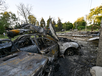 Cars are being destroyed by the Russian missile attack in central Vilniansk, Zaporizhzhia region, southern Ukraine, on June 29, 2024. Russia...