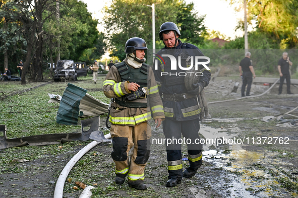 Rescuers are partaking in a response effort to the Russian missile attack in central Vilniansk, Zaporizhzhia region, southern Ukraine, on Ju...