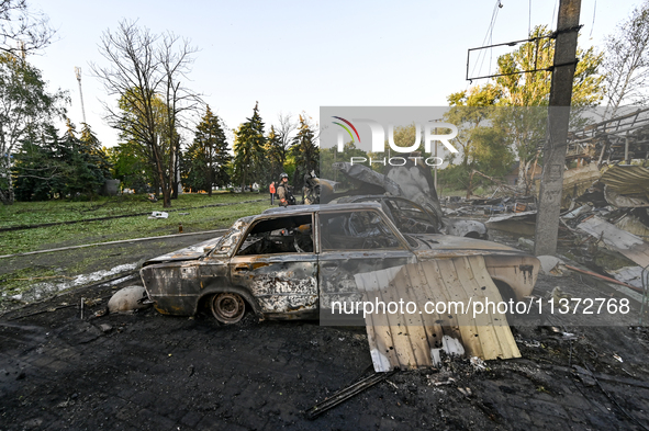 Cars are being destroyed by the Russian missile attack in central Vilniansk, Zaporizhzhia region, southern Ukraine, on June 29, 2024. Russia...