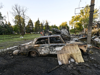 Cars are being destroyed by the Russian missile attack in central Vilniansk, Zaporizhzhia region, southern Ukraine, on June 29, 2024. Russia...