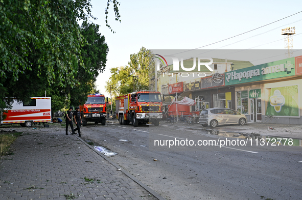 Fire engines are responding to the Russian missile attack in central Vilniansk, Zaporizhzhia region, southern Ukraine, on June 29, 2024. Rus...