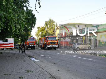 Fire engines are responding to the Russian missile attack in central Vilniansk, Zaporizhzhia region, southern Ukraine, on June 29, 2024. Rus...