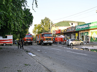 Fire engines are responding to the Russian missile attack in central Vilniansk, Zaporizhzhia region, southern Ukraine, on June 29, 2024. Rus...