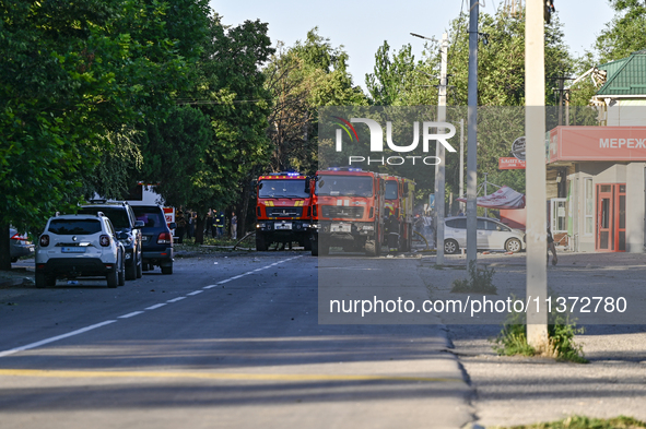 Fire engines are responding to the Russian missile attack in central Vilniansk, Zaporizhzhia region, southern Ukraine, on June 29, 2024. Rus...