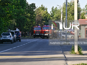 Fire engines are responding to the Russian missile attack in central Vilniansk, Zaporizhzhia region, southern Ukraine, on June 29, 2024. Rus...