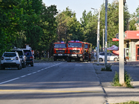 Fire engines are responding to the Russian missile attack in central Vilniansk, Zaporizhzhia region, southern Ukraine, on June 29, 2024. Rus...