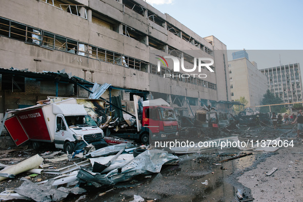 ''Nova Poshta'' trucks are burning as a result of the impact, in Kharkiv, Ukraine, on June 30, 2024. On the afternoon of June 30, 2024, Russ...