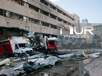 ''Nova Poshta'' trucks are burning as a result of the impact, in Kharkiv, Ukraine, on June 30, 2024. On the afternoon of June 30, 2024, Russ...