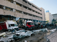 ''Nova Poshta'' trucks are burning as a result of the impact, in Kharkiv, Ukraine, on June 30, 2024. On the afternoon of June 30, 2024, Russ...