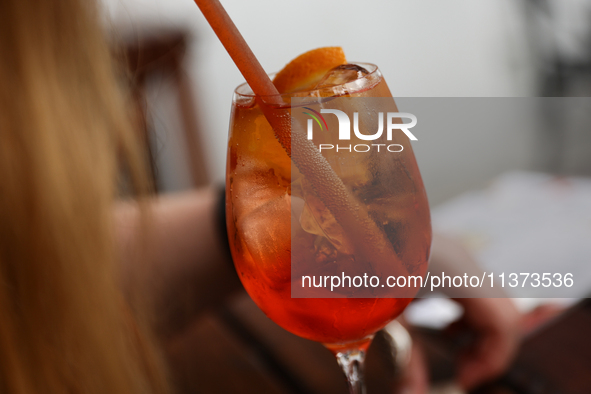 Aperol Spritz is seen in this illustration photo taken in Krakow, Poland on June 30, 2024. 