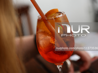 Aperol Spritz is seen in this illustration photo taken in Krakow, Poland on June 30, 2024. (