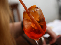 Aperol Spritz is seen in this illustration photo taken in Krakow, Poland on June 30, 2024. (