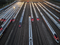 Bullet trains are stopping at the Nanjing section in Nanjing, Jiangsu province, China, in the early morning of July 1, 2024. (