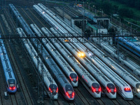 Bullet trains are stopping at the Nanjing section in Nanjing, Jiangsu province, China, in the early morning of July 1, 2024. (