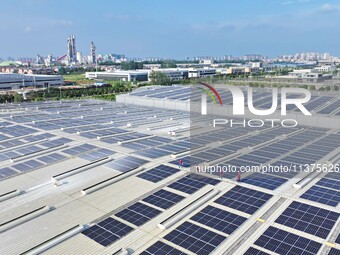 Power technicians are inspecting the operation of rooftop solar photovoltaic modules in Chuzhou, China, on June 30, 2024. (