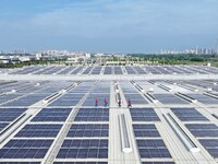 Power technicians are inspecting the operation of rooftop solar photovoltaic modules in Chuzhou, China, on June 30, 2024. (