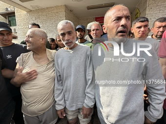 Palestinian men who are being detained by Israeli forces are arriving after their release for a check-up at the Al-Aqsa Martyrs Hospital in...