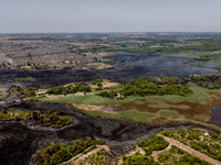 A drone view of wildfire in Le Cesine Nature Reserve, Italy, on July 1, 2024. A vast fire broke out in the afternoon on June 30, 2024, in th...