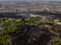 A drone view of wildfire in Le Cesine Nature Reserve, Italy, on July 1, 2024. A vast fire broke out in the afternoon on June 30, 2024, in th...